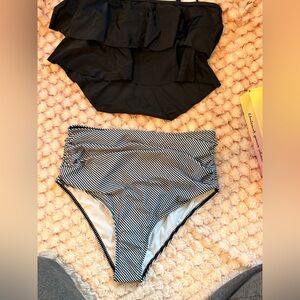 High-Waist Black & White Striped Bikini Bottoms